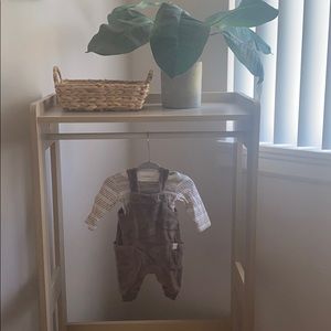 Brown overalls with striped tee